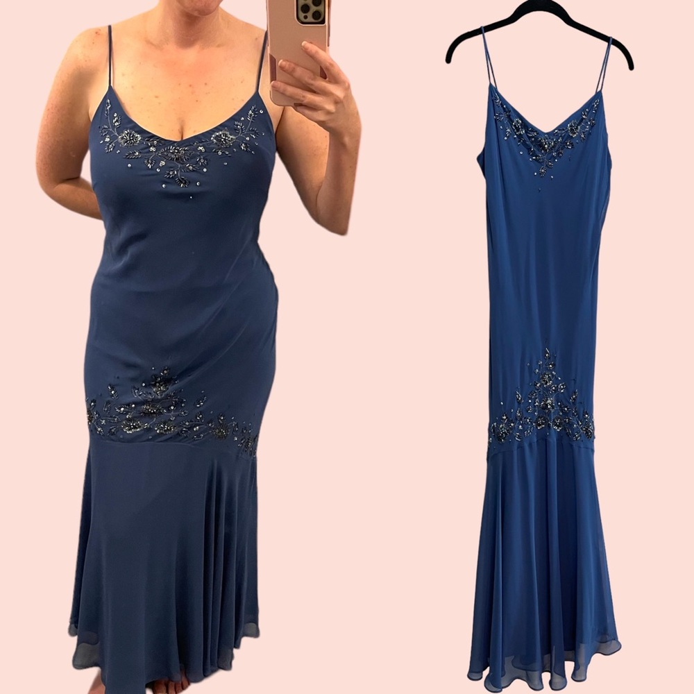 Xscape by Joanna Chen Blue Beaded Mermaid Dress